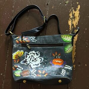 Hand painted floral, soft leather Crossbody bag made in India